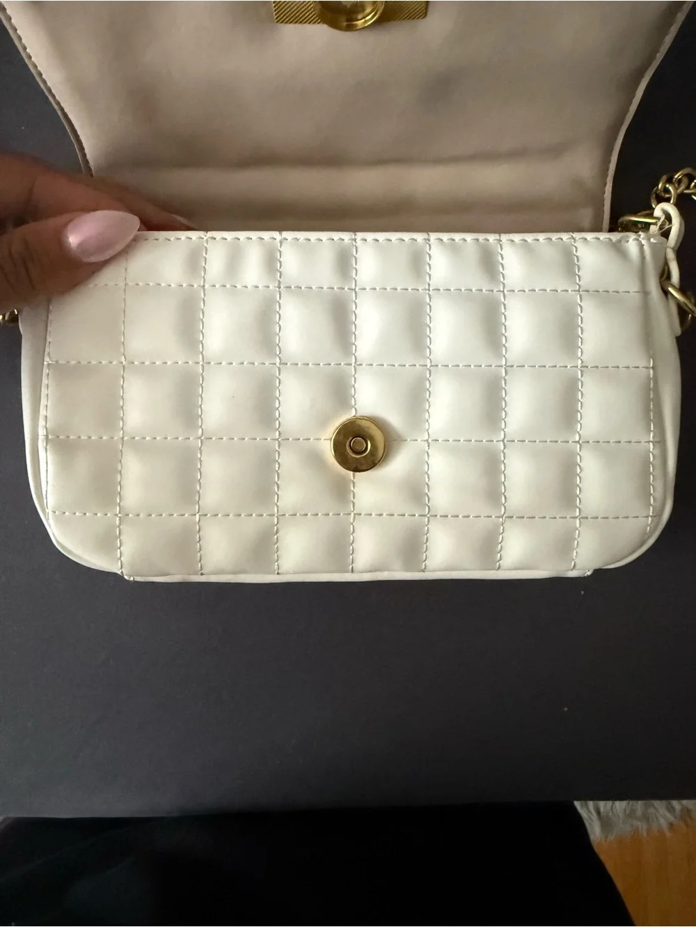 Aldo Quilted White Crossbody with Gold Chain